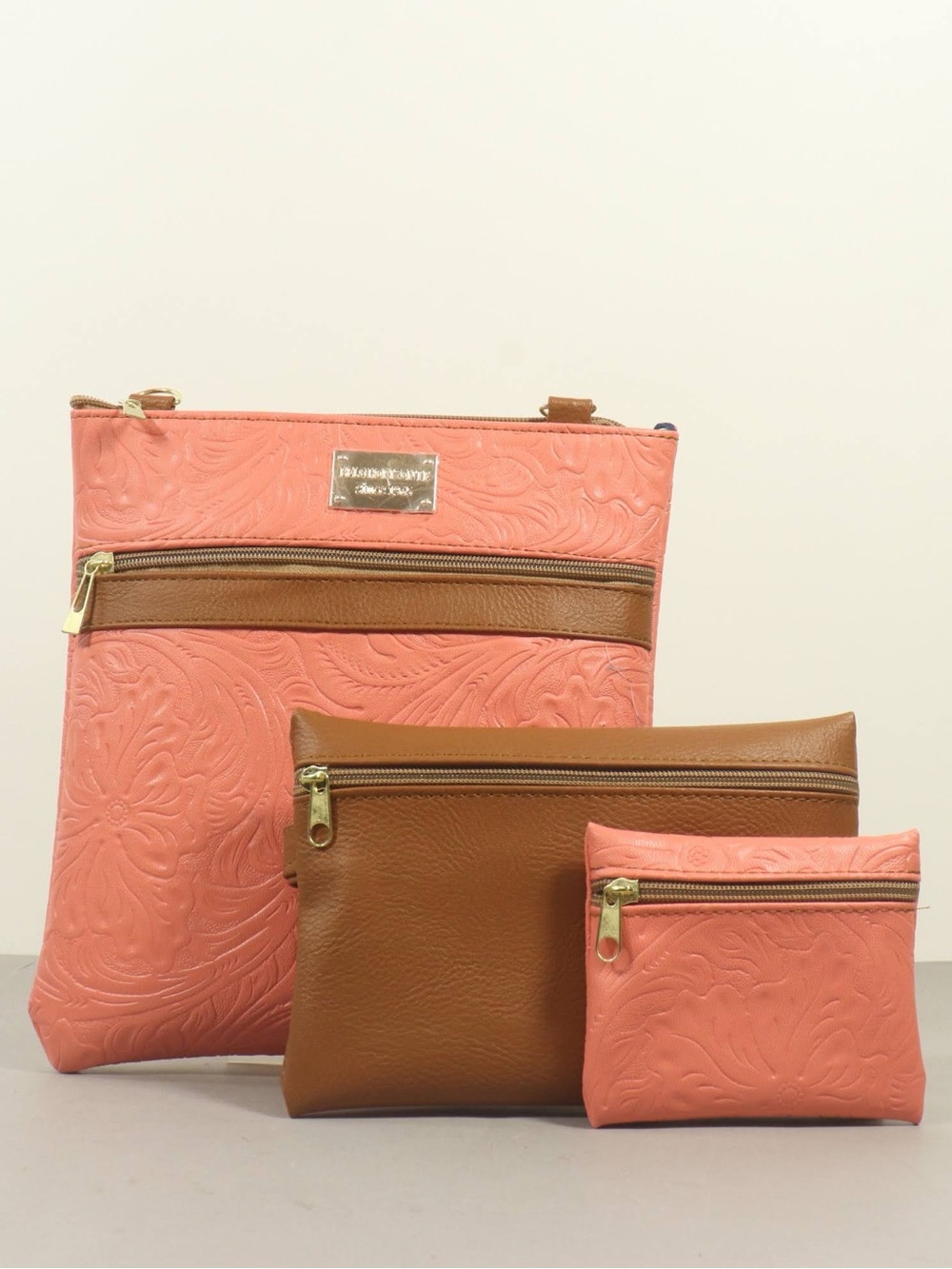 Coral & Tan Floral Embossed 3-Piece Crossbody Set